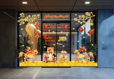 DECAL DÁN KÍNH TRANG TRÍ TẾT BÍNH NGỌ THẦN TÀI CƯỠI NGỰA VÀNG TRÊN CÁNH ĐỒNG LÚA VÀNG