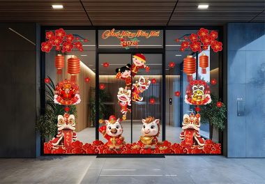 DECAL TRANG TRÍ TẾT CHO NHÀ HÀNG SẮC ĐỎ TƯƠI THẮM ĐÓN XUÂN BÍNH NGỌ VÀ ĐÔI LÂN