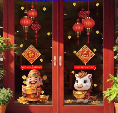 DECAL DÁN KÍNH TRANG TRÍ TẾT ÔNG THẦN TÀI VÀ NGỰA ÔM VÀNG MÙNG XUÂN