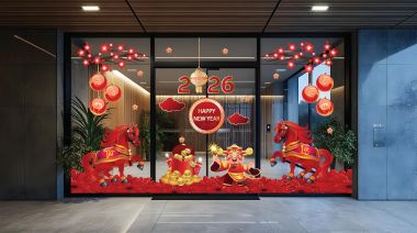 DECAL DÁN KÍNH TRANG TRÍ TẾT SẮC ĐO TƯƠI THẮM MAY MẮN NĂM BÍNH NGỌ 2026