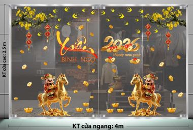 DÁN KÍNH TRANG TRÍ TẾT CHO NGÂN HÀNG HAI ÔNG THẦN TÀI CƯỠI NGỰA DƯỚI GỐC MAI VÀNG MỪNG XUÂN BÍNH NGỌ