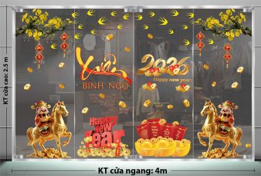 DECAL DÁN KÍNH CHO NGÂN HÀNG XUÂN BÍNH NGỌ NGẬP SẮC VÀNG PHÚC LỘC TÀI