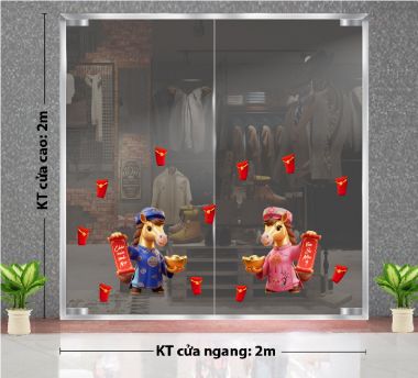 DECAL TRANG TRÍ TẾT ĐÔI NGỰA MẶC ÁO DÀI CẦM LIỄN XUÂN