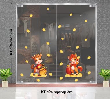 DECAL TRANG TRÍ TẾT ĐÔI NGỰA NHỎ VÀ ĐỒNG TIỀN VÀNG