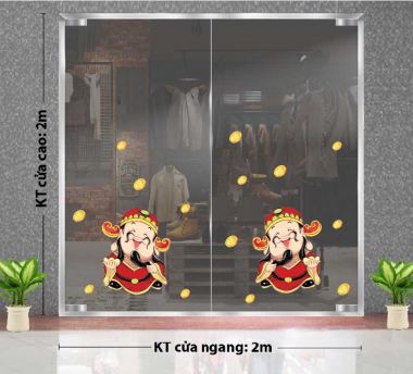 DECAL TRANG TRÍ TẾT HAI ÔNG THẦN TÀI CẦM THỎI VÀNG