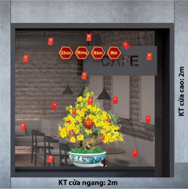 DECAL TRANG TRÍ TẾT CHẬU MAI VÀNG NỞ RỘ CHÚC MỪNG NĂM MỚI