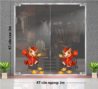 DECAL DÁN KÍNH TRANG TRÍ TẾT HAI CHÚ NGỰA ĐỎ CHÚC XUÂN