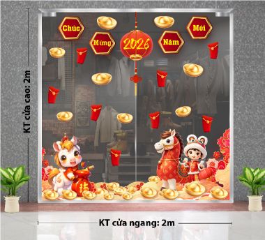 DECAL DÁN KÍNH TRANG TRÍ TẾT CHÚC MỪNG NĂM MỚI 2026 NGỰA VÀ VÀNG SUNG TÚC