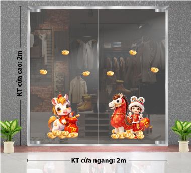 DECAL DÁN KÍNH TRANG TRÍ TẾT BÉ VÀ NGỰA MỪNG XUÂN