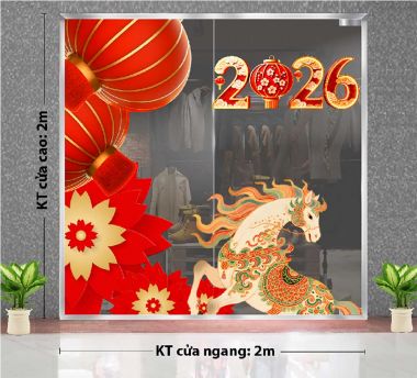 DECAL DÁN KÍNH TRANG TRÍ TẾT LỒNG ĐÈN ĐỎ BÊN NGỰA HOA 2026 