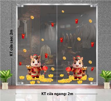 DECAL DÁN KÍNH TRANG TRÍ TẾT HAI NGỰA NHỎ XÁCH LỒNG ĐÈN