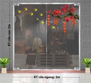 DECAL DÁN KÍNH TRANG TRÍ TẾT CÀNH ĐÀO ĐỎ THẮM GÓC CỔ THỤ VÀ ÉN VÀNG