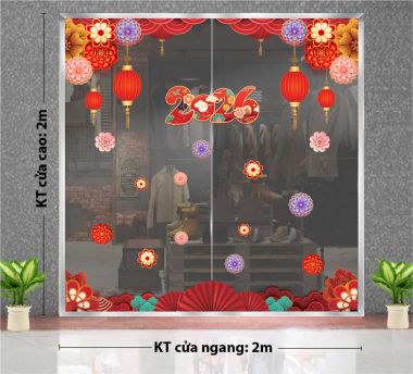 DECAL DÁN KÍNH TRANG TRÍ TẾT CHO NHÀ HÀNG SẮC HOA ĐỎ VÀ LỒNG ĐÈN 2026