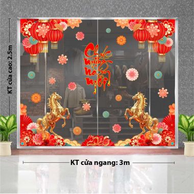 DECAL DÁN KÍNH TRANG TRÍ TẾT CHÚC MỪNG NĂM MỚI ĐÔI NGỰA VÀNG VÀ SẮC HOA ĐỎ THẮM