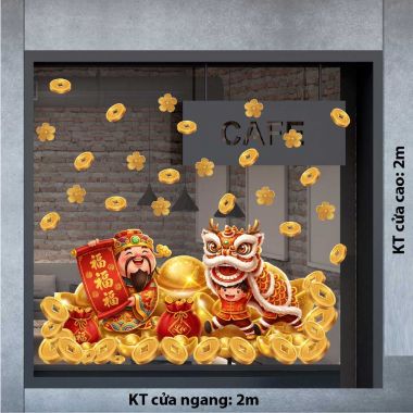 DÁN KÍNH TRANG TRÍ TẾT THẦN TÀI VÀ BÉ MÚA CÙNG TÚI LỘC