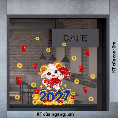 DECAL DÁN KÍNH TRANG TRÍ TẾT ĐINH MÙI CẦM QUẠT ĐỎ ĐÓN TÀI LỘC 2027