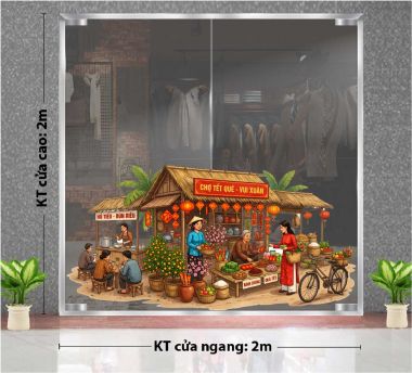 DECAL TRANG TRÍ TẾT CHO SẢNH CHUNG CƯ CHỢ TẾT QUÊ EM