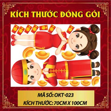 DECAL TRANG TRÍ TẾT BÉ TRAI BÉ GÁI ÁO DÀI ĐỎ CHÚC TẾT