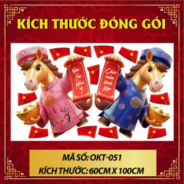 DECAL TRANG TRÍ TẾT ĐÔI NGỰA MẶC ÁO DÀI CẦM LIỄN XUÂN