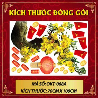 DECAL TRANG TRÍ TẾT GỐC MAI VÀNG VÀ LỒNG ĐÈN ĐỎ