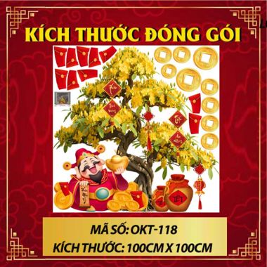 DECAL TRANG TRÍ TẾT DÁN KÍNH ÔNG THẦN TÀI TRAO TÀI LỘC DƯỚI GÓC MAI VÀNG