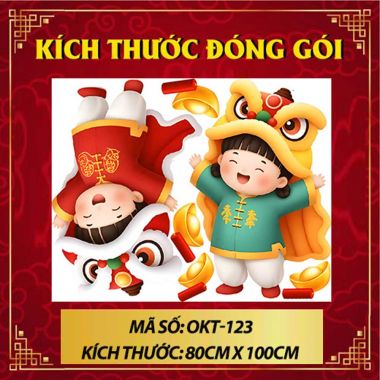 DECAL DÁN KÍNH TRANG TRÍ TẾT HAI BÉ ĐỘI MŨ LÂN ĐÓN TẾT