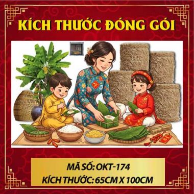 DECAL TRANG TRÍ TẾT MẸ VÀ CÁC BÉ GÓI BÁNH CHƯNG