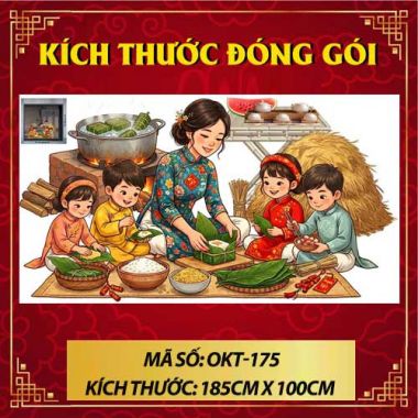 DECAL TRANG TRÍ TẾT MẸ VÀ CÁC BÉ GÓI BÁNH CHƯNG