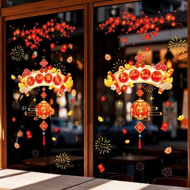 DECAL TĨNH ĐIỆN TRANG TRÍ TẾT CÀNH ĐÀO ĐỎ VÀ LIỄN CHÚC MỪNG NĂM MỚI