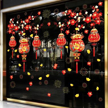 DECAL DÁN KÍNH TĨNH ĐIỆN TRANG TRÍ TẾT TÚI LỘC TREO TRÊN CÀNH ĐÀO ĐỎ