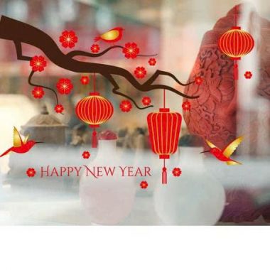 DECAL DÁN KÍNH 2 MẶT CÀNH ĐÀO ĐỎ VÀ ĐÈN LỒNG