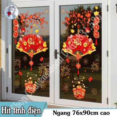 DECAL TĨNH ĐIỆN TRANG TRÍ TẾT ĐÔI QUẠT ĐỎ TREO TRÊN CÀNH ĐÀO