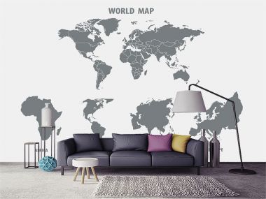 Tranh dán tường 3D bản đồ thế giới màu xám đen