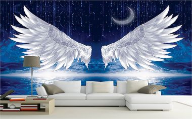 Tranh dán tường 3D bầu trời đêm và cánh thiên thần