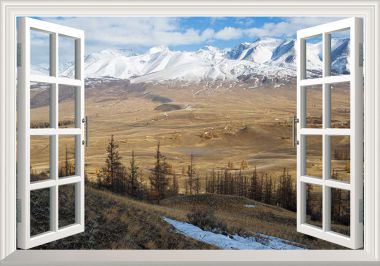 Tranh dán tường cửa sổ 3D núi tuyết Ngọc Long