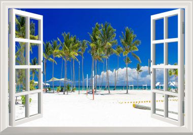 Tranh cửa sổ 3D hàng dừa trên biển