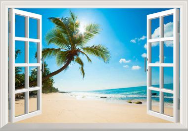 Tranh cửa sổ 3D bãi biển hàng dừa Phú Quốc