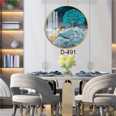 Tranh tráng gương hình tròn đôi nai trên núi đá