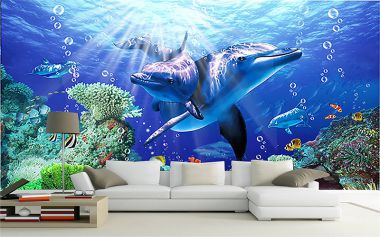 Tranh dán tường 3D cá heo cùng mẹ thám hiểm đại dương
