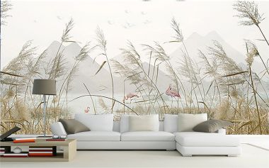 Tranh dán tường 3D hồng hạc và cỏ lau