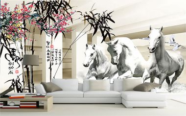 Tranh dán tường đàn ngựa trắng và bụi trúc