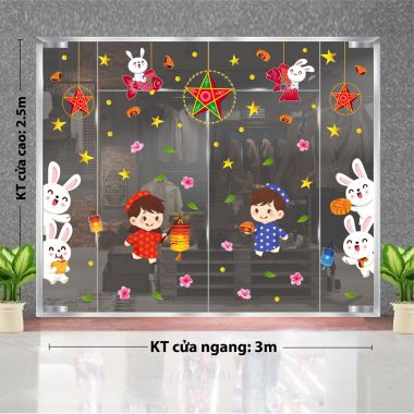 DECAL TRANG TRÍ TRUNG THU CHO QUÁN CAFE BÉ XÁCH LỒNG ĐÈN ĐÓN TRĂNG
