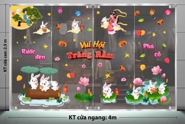 DECAL TRANG TRÍ TRUNG THU RƯỚC ĐÈN PHÁ CỔ CÙNG CHỊ HẰNG VÀ CHÚ CUỘI