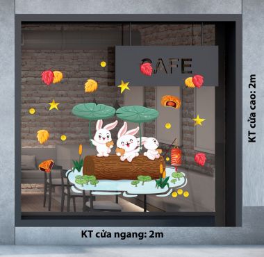 DECAL TRANG TRÍ TRUNG THU ĐÀN THỎ TRẮNG VUI BÊN HỒ