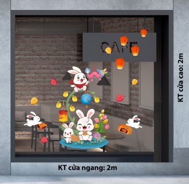 DECAL TRANG TRÍ TẾT TRUNG THU GIA ĐÌNH THỎ TRẮNG THẢ ĐÈN LỒNG