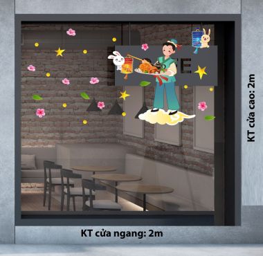 DECAL TRANG TRÍ TẾT TRUNG THU CHÚ CUỘI DÂNG BÁNH TRUNG THU