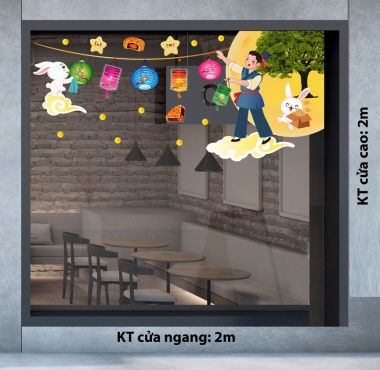 DECAL TRANG TRÍ TẾT TRUNG THU CHÚ CUỘI VÀ THỎ TRẮNG TREO LỒNG ĐÈN TRÊN CUNG TRĂNG