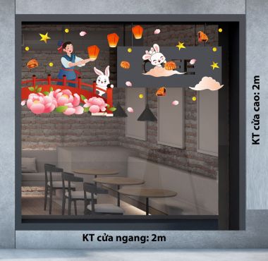 DECAL TRANG TRÍ TẾT TRUNG THU CHÚ CUỘI THẢ ĐÈN LỒNG CÙNG THỎ TRẮNG