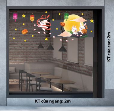 DECAL TRANG TRÍ TẾT TRUNG THU THỎ TRĂNG TRÊN CUNG TRĂNG TREO LỒNG ĐÈN