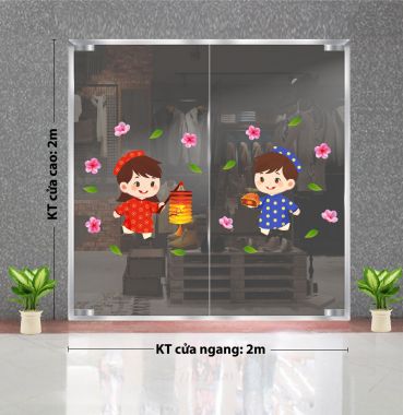 DECAL TRANG TRÍ TẾT TRUNG THU BÉ TRAI VÀ GÁI XÁCH LỒNG ĐÈN